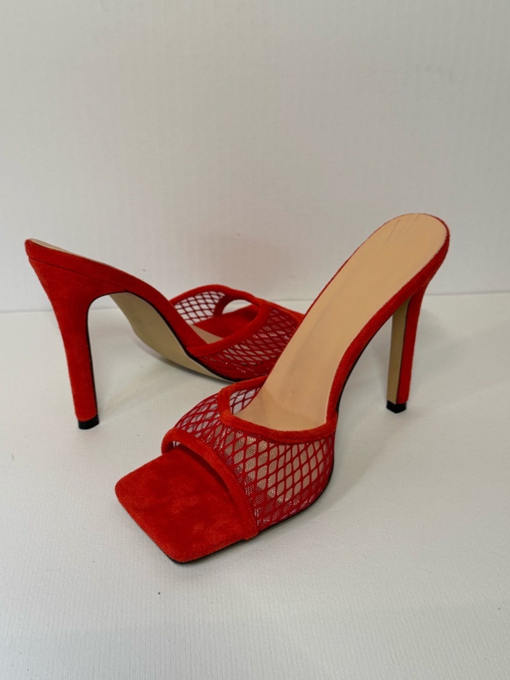 Red Mesh Mule Heels 7.5/8 Open Toe Stiletto Slide Sandals Statement Heels EU38 - Picture 1 of 11